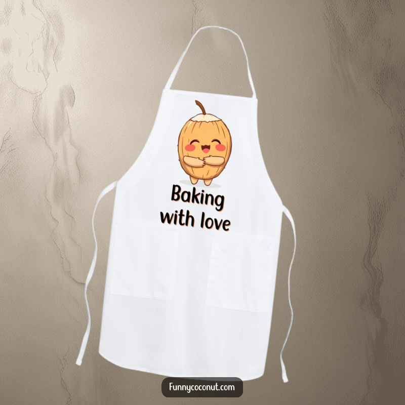 Funny kitchen apron with a cheerful coconut character giving a hug, perfect for adding tropical fun while cooking.
