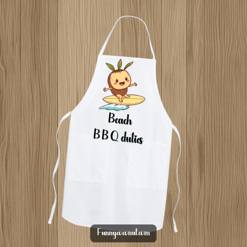 Funny apron with a happy coconut character riding a seashell surfboard, perfect for beach-themed cooking.