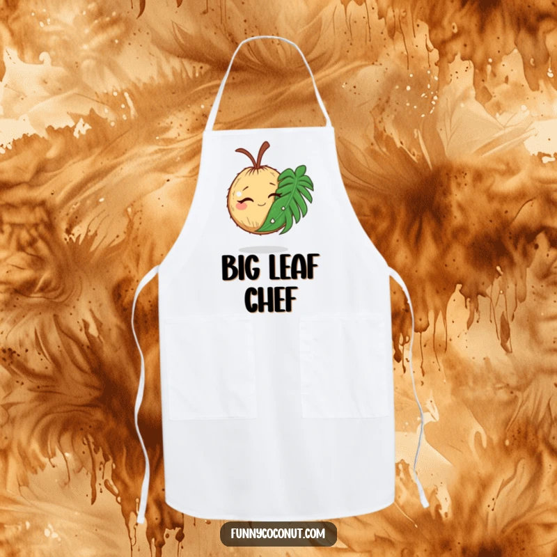 Funny kitchen apron with a winking coconut holding a comically large palm leaf, perfect for chefs.