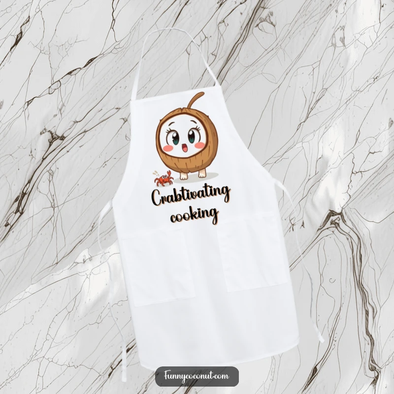 Funny coconut with huge, surprised eyes, looking at a tiny crab, a humorous and practical kitchen apron.