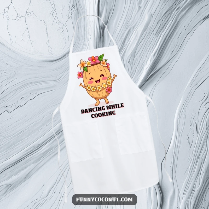Funny Coconut Apron, showing a smiling coconut character dancing with a flower lei, perfect for kitchen duties, a unique funny gift.