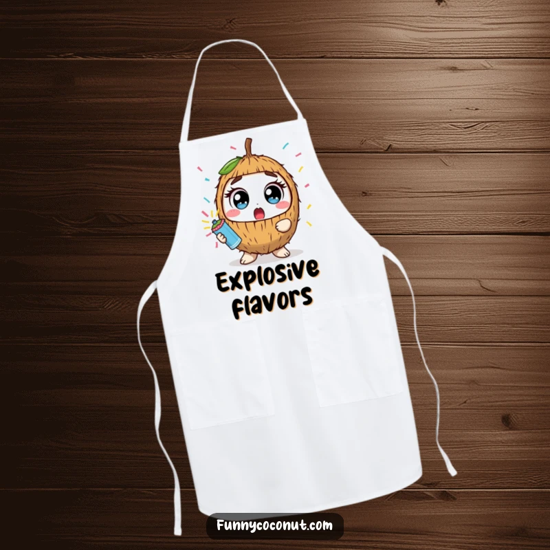 Funny kawaii coconut with wide eyes holding a confetti popper, on a practical apron for kitchen use.