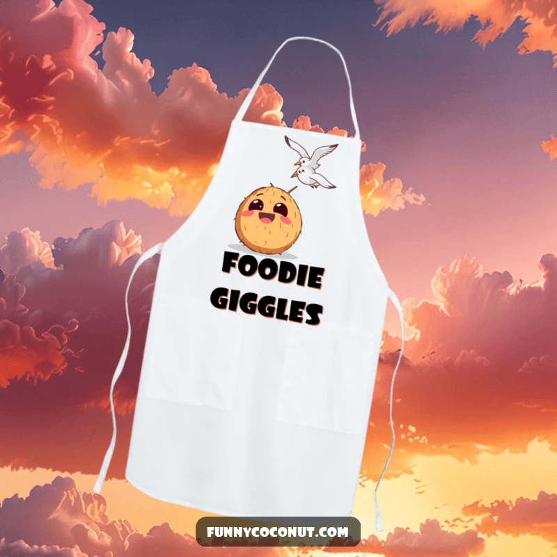 Funny apron showing a laughing coconut with exaggerated eyes reacting to a flying seagull, perfect for humorous cooking.
