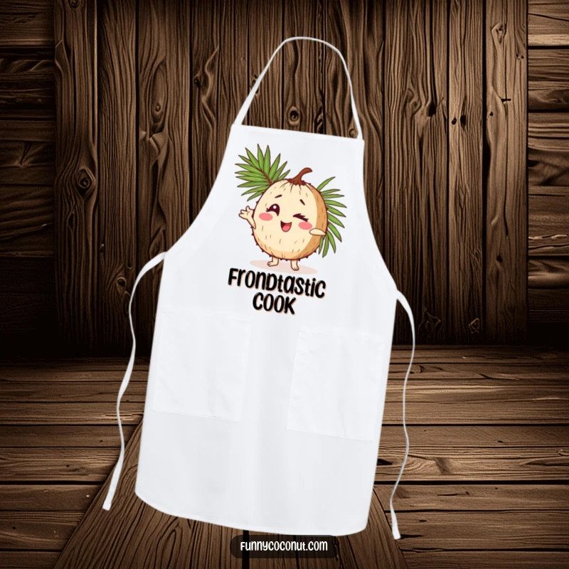 Funny apron featuring a coconut character winking playfully and striking a pose with a palm frond, ready to add humor to cooking.