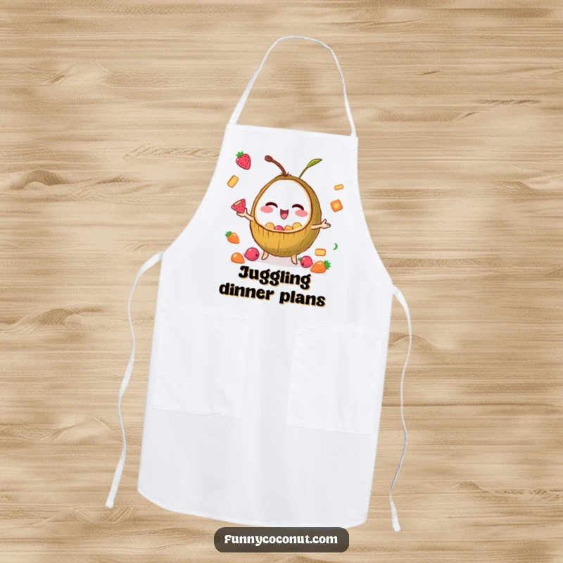 Funny apron depicting a winking coconut expertly juggling fruit snacks, adding a playful and humorous touch to kitchen duties.