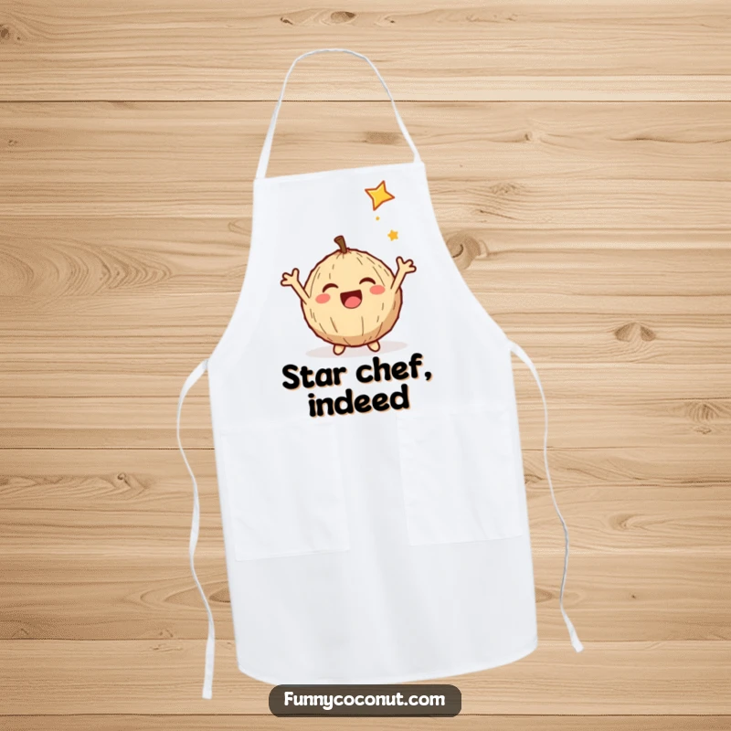 Funny apron showing a delighted coconut, arms outstretched, catching a shooting star, ideal for humorous kitchen adventures.