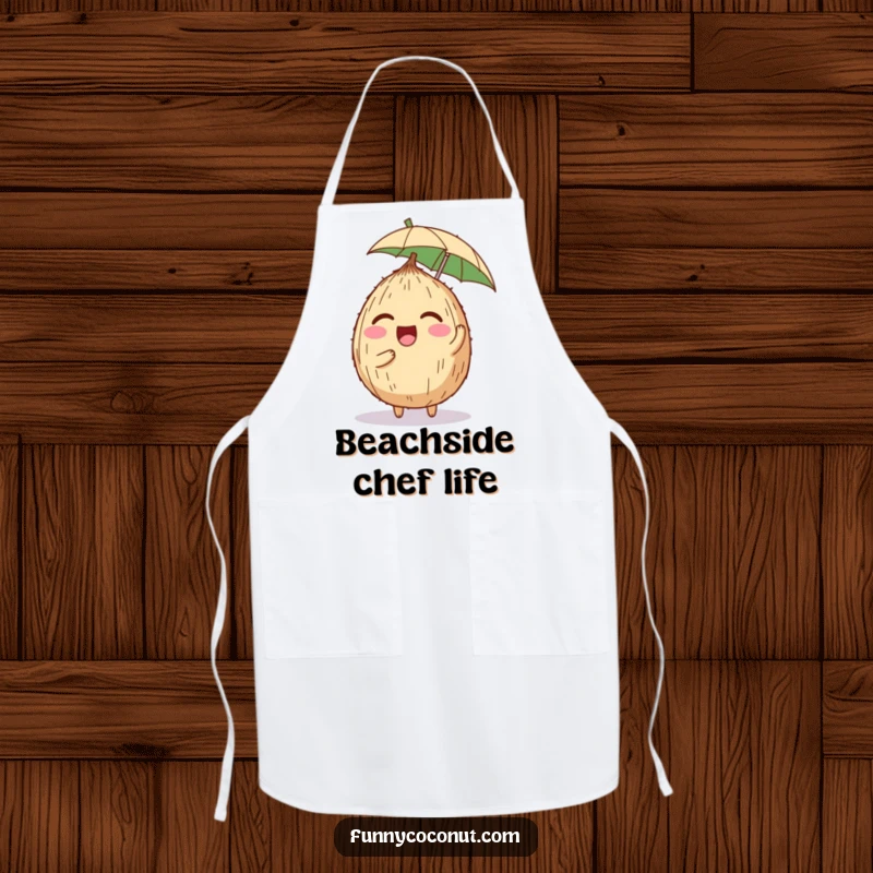 Funny apron featuring a coconut character giggling while balancing a tiny umbrella, ready to bring humor to any culinary creation.