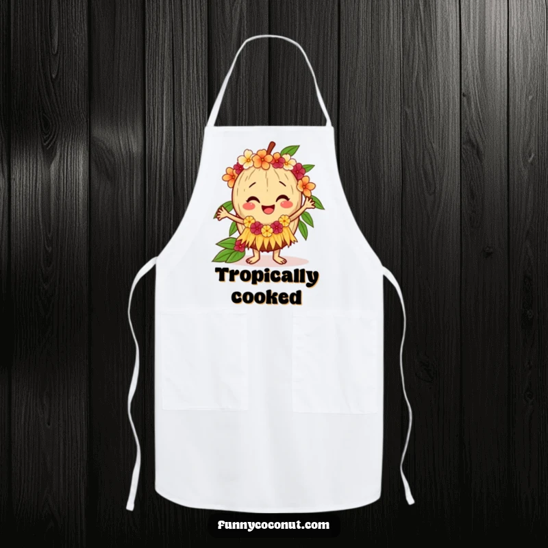 Funny coconut apron showing a happy coconut doing a hula dance while cooking, adding whimsical tropical fun to kitchen tasks.