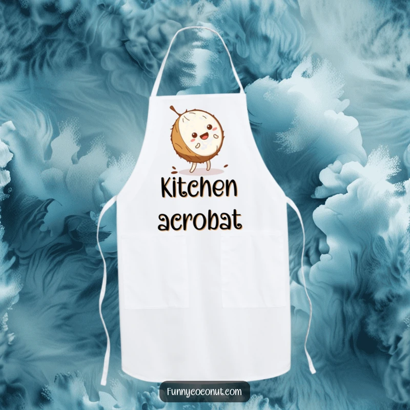 Funny kawaii coconut wobbling comically while doing a cartwheel, on a practical apron for kitchen use.