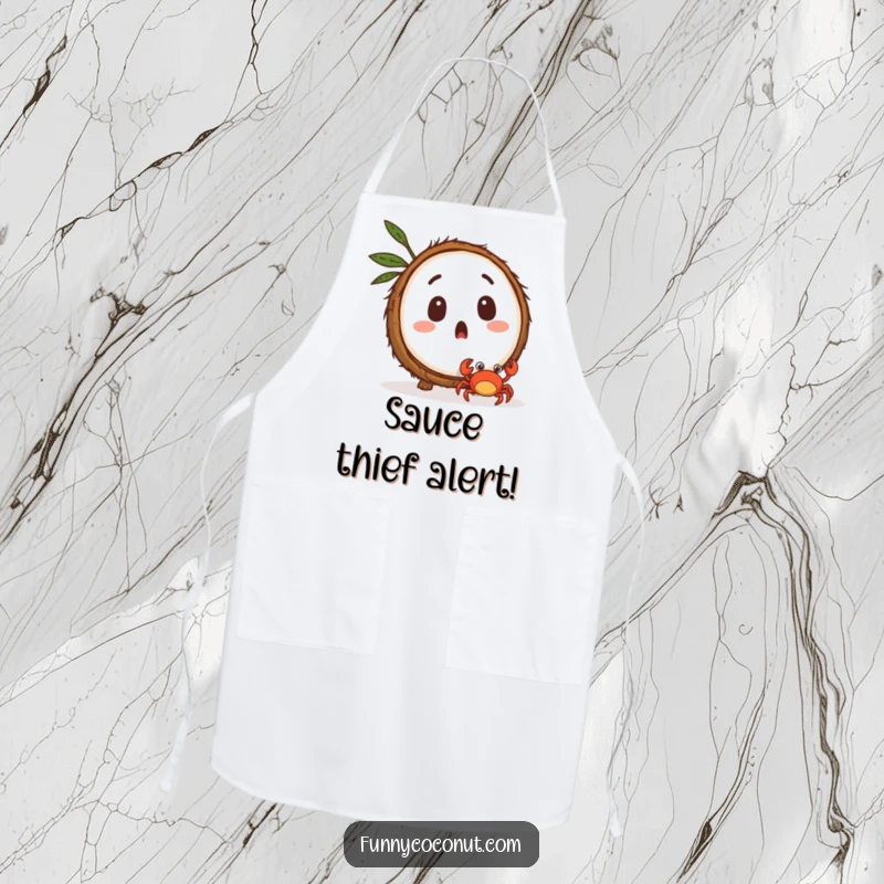 Funny surprised coconut character watching a tiny crab scuttle away, a cute and practical kitchen apron.