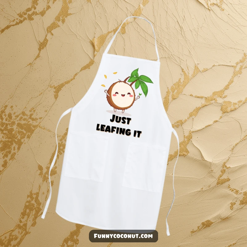 Funny Apron: A smiling coconut character demonstrating juggling skills with small green palm leaves, ideal for a humorous cooking experience.