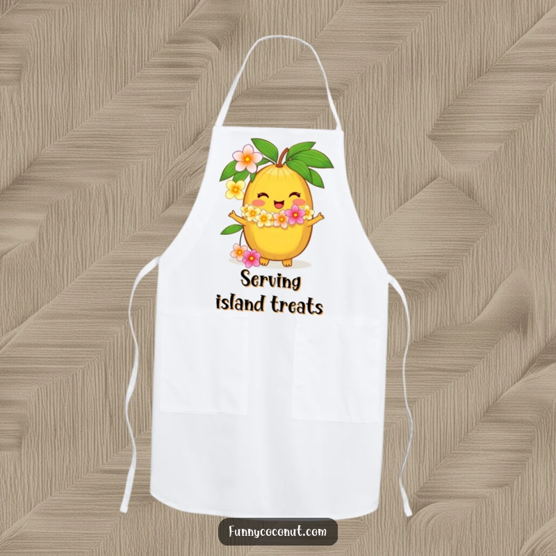 Funny apron with a delighted coconut character offering a flower lei, perfect for kitchen fun and as a humorous cooking gift.