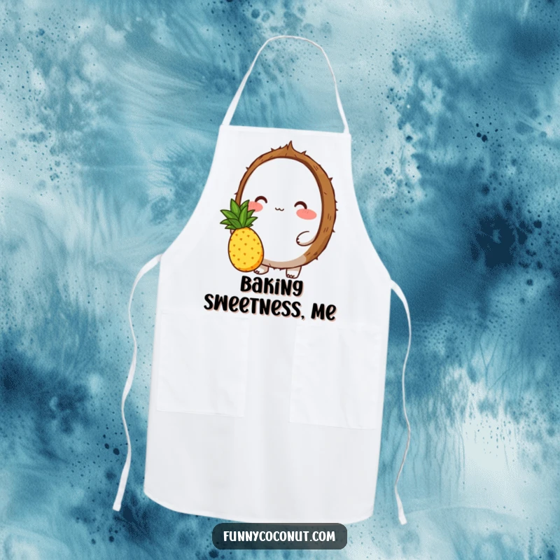 Funny apron showing a blushing coconut character offering a pineapple, ideal for a sweet and fun cooking experience.