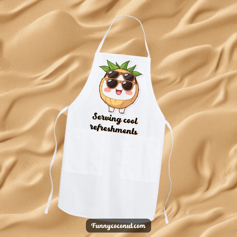 Funny coconut half apron with sunglasses, looking cheerful and ready to cook up a storm, adding humor to the kitchen.