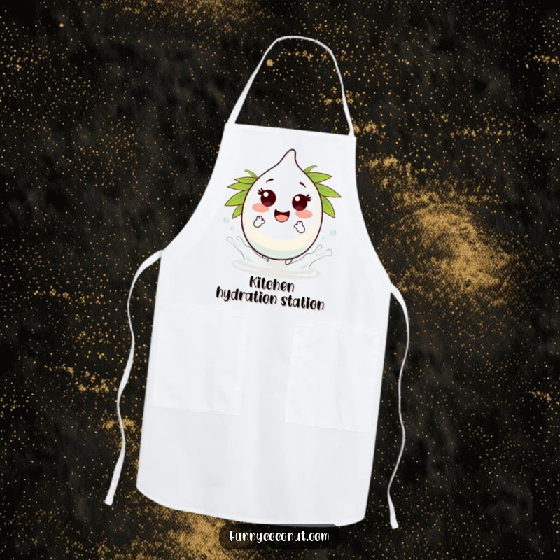 Funny coconut water droplet character apron, making tiny splashes, adding humor and playfulness to cooking.