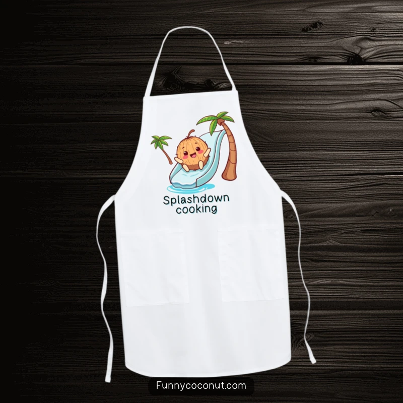 Funny Apron: A smiling coconut character gleefully sliding down a blue waterslide, perfect for adding summer humor to cooking sessions.