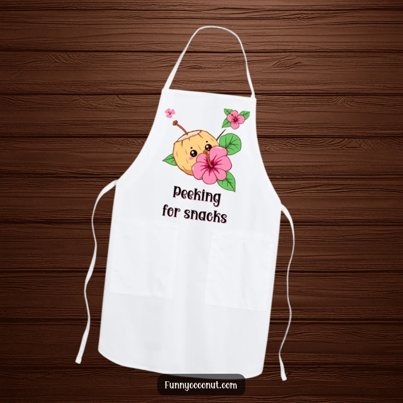 Funny Curious Coconut Apron: A curious coconut character peeks from behind a hibiscus flower, adding tropical humor to cooking.