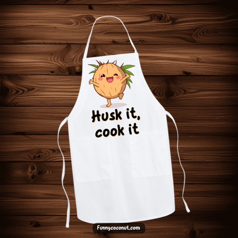 Funny apron with a delighted coconut character doing a cartwheel with its husk.
