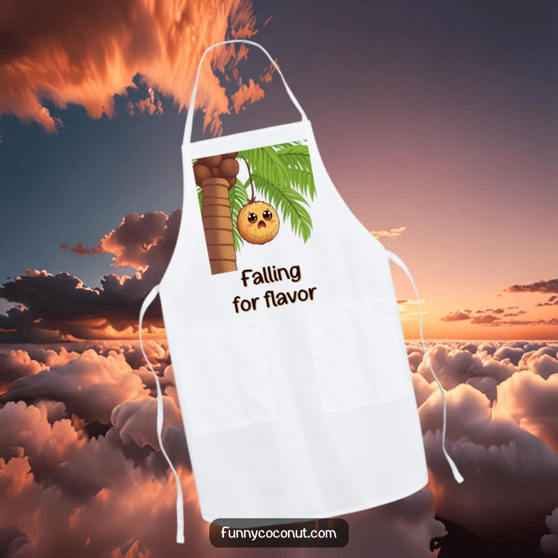 Funny surprised coconut falling from a palm tree, a humorous and practical apron for kitchen fun and mishaps.