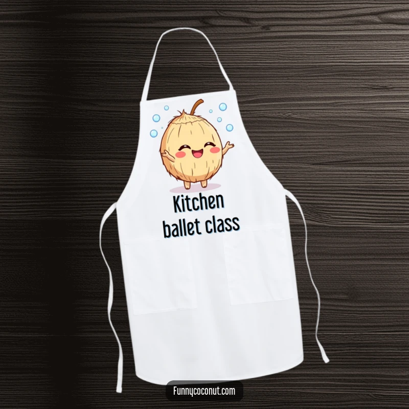 Funny giggling coconut character apron juggling dewdrops, adding a humorous and cheerful touch to kitchen activities.