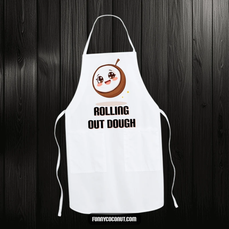 Funny coconut apron, a coconut with wide eyes giggling as it rolls downhill, bringing chaotic fun to the kitchen.