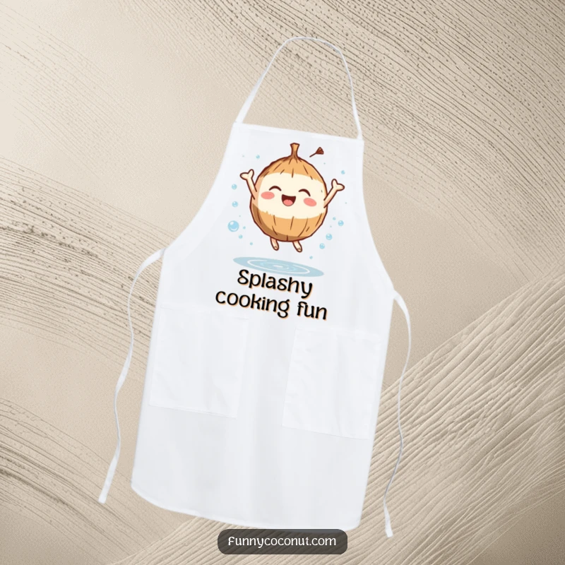 Funny apron showing a coconut character leaping with joy surrounded by water droplets, ideal for a fun and refreshing cooking experience.