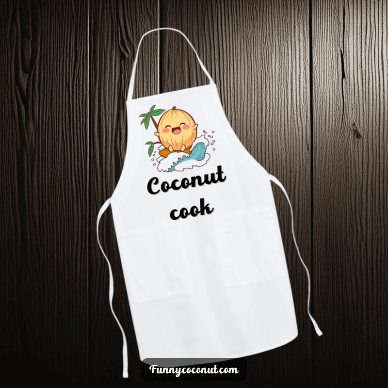 Funny kawaii coconut laughing while riding a wave, on a practical apron for kitchen use.