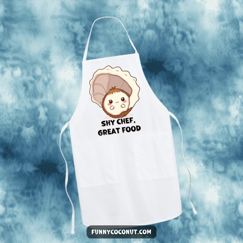Funny shy kawaii coconut peeking from behind a seashell on a kitchen apron, adding a touch of bashful humor.