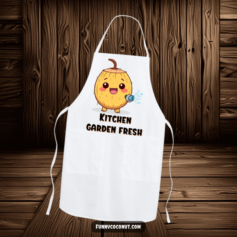 Funny apron featuring a cheerful coconut character joyfully spraying water from a tiny hose with great enthusiasm.