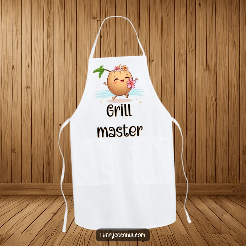 Funny apron featuring a winking coconut with a flower lei, skipping along the sand, ready for tropical kitchen fun.