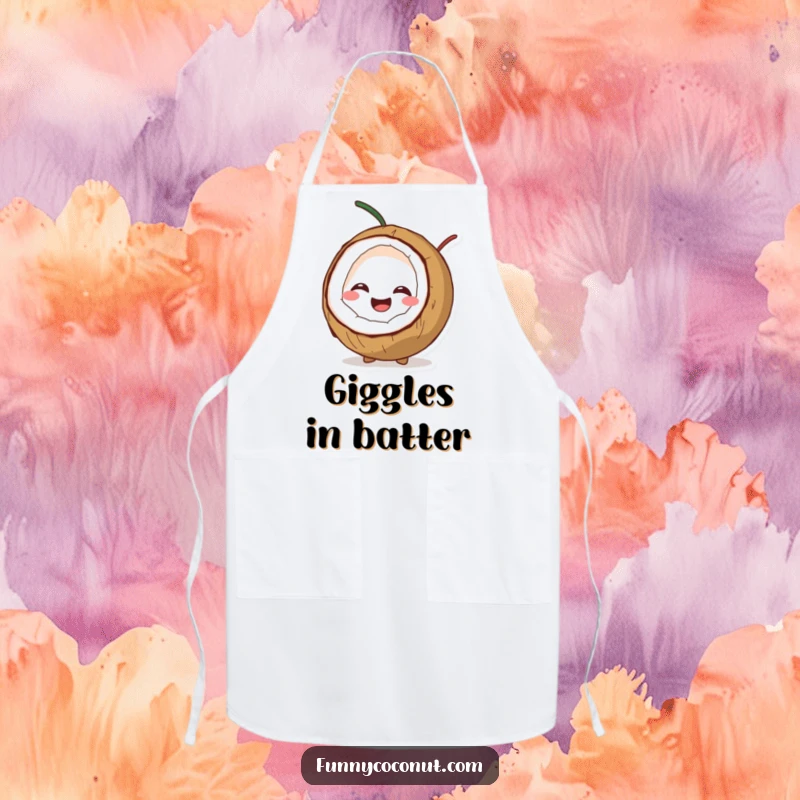 Funny kitchen apron with a coconut character splitting open with a big giggle, perfect for adding humor while cooking.