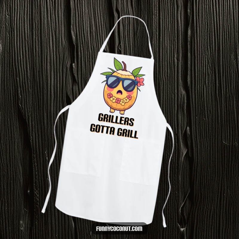 Funny kitchen apron with a surprised coconut wearing sunglasses and a lei, perfect for adding tropical fun while cooking.