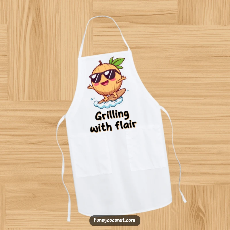 Funny Coconut Apron, showing a happy coconut with sunglasses surfing, perfect for kitchen duties, a unique funny gift.