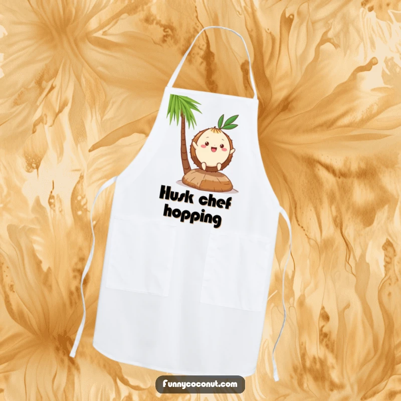 Funny Kawaii Coconut Apron: a cute character happily hopping on a husk, perfect for kitchen fun and tropical-themed cooking.