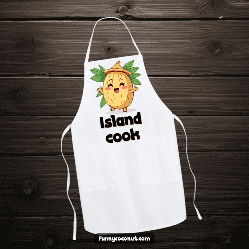 Funny Coconut Jig Apron: An apron featuring a comical coconut character doing a jig, wearing a straw hat.