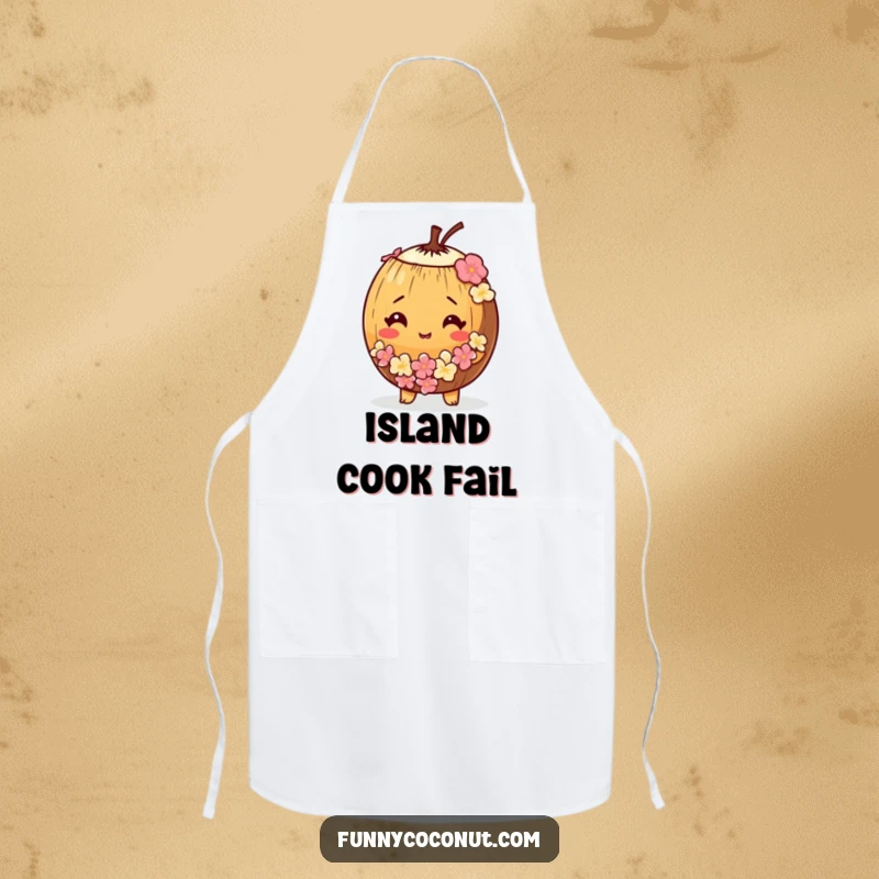 Funny kitchen apron with a bewildered coconut wearing a tiny lei, perfect for cooking.