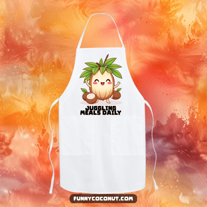 Funny coconut with a leafy crown juggling three smaller coconuts, a humorous and practical apron.