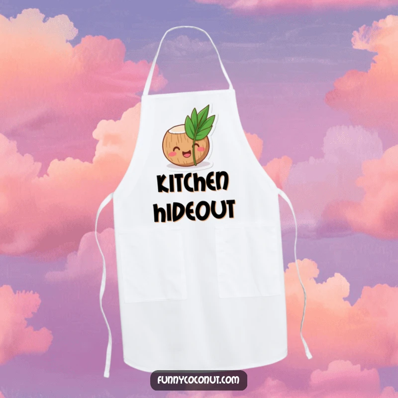 Funny coconut apron depicting a laughing coconut character peeking from behind a small, tropical leaf, tropical culinary fun.