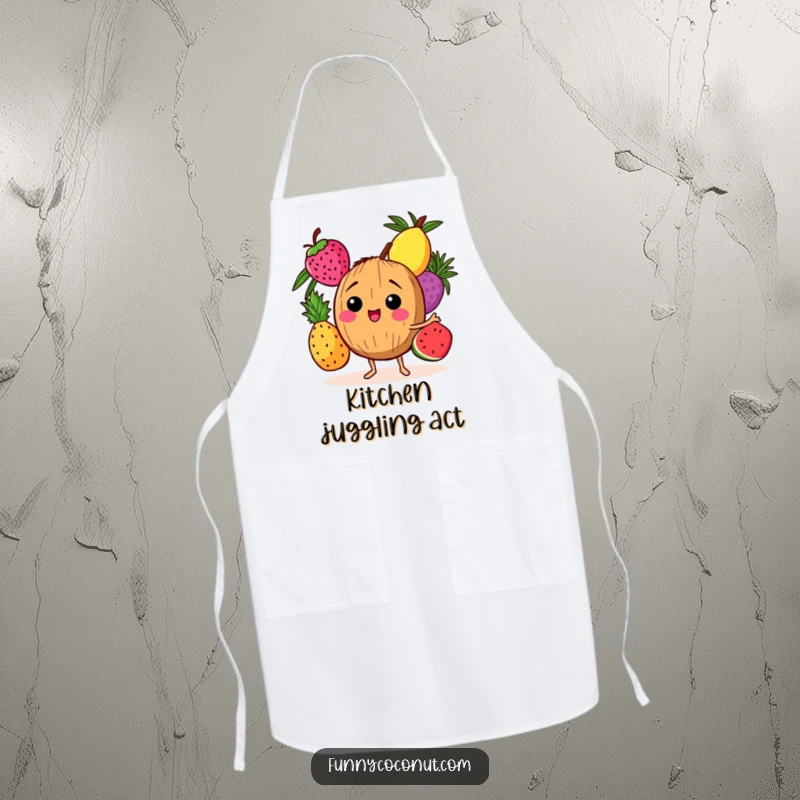 Funny apron featuring a giggling coconut character juggling three colorful tropical fruits, ideal for kitchen fun.