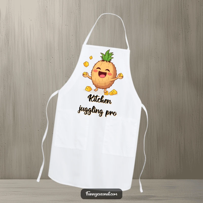 Funny apron featuring a laughing coconut character expertly juggling tiny pineapple chunks with great enthusiasm while cooking.