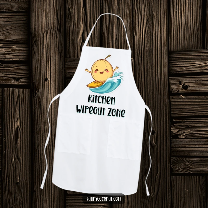 Funny apron featuring a silly-grinning coconut attempting to surf on a banana peel wave with humorous determination.