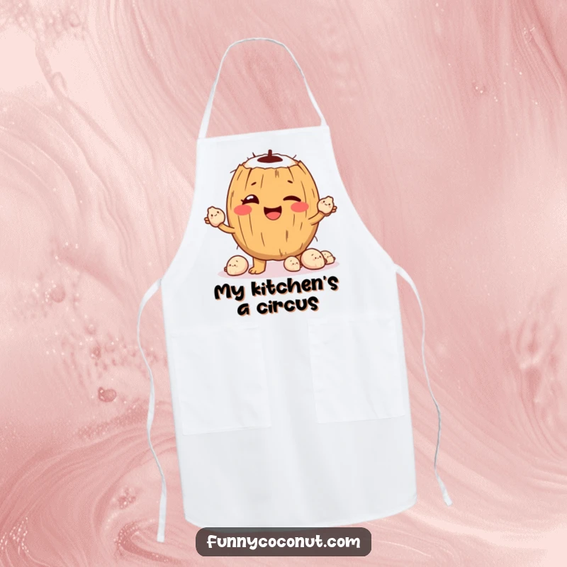Funny Apron: A winking coconut juggles smiling seashells, adding a touch of playful beach flair to your kitchen duties.