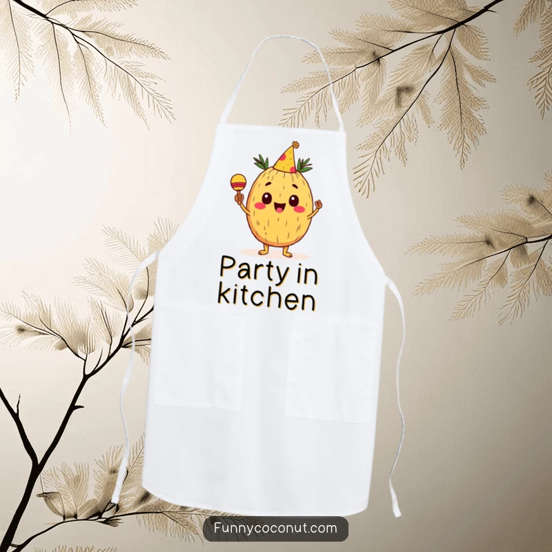 Funny Coconut Apron: A cheerful coconut character wearing a party hat shakes maracas, bringing festive energy to the kitchen, ideal for cooking fun.