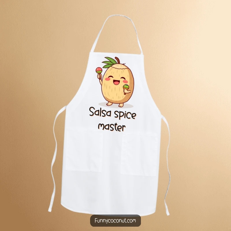 Funny apron showcasing a joyful coconut character with tiny maracas, ready to bring musical cheer and humor to the kitchen.
