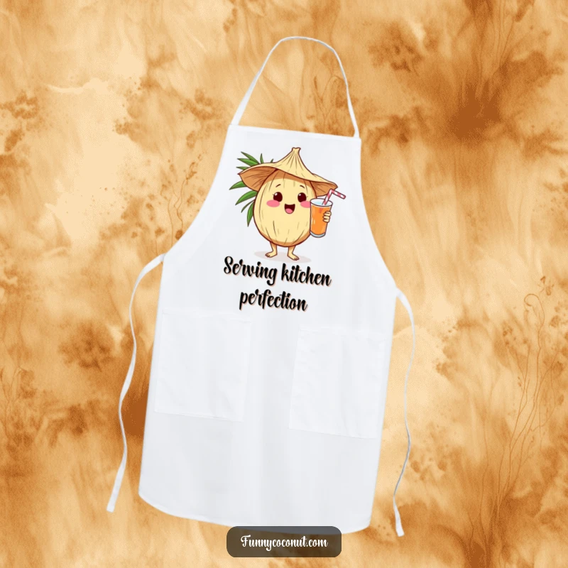 Funny kawaii coconut wearing a straw hat, serving a drink, adorning a practical apron with tropical flair.