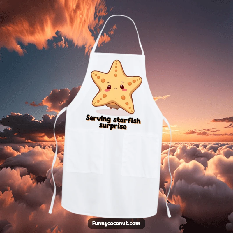 Funny apron showcasing a coconut character peeking from behind a giant starfish, perfect for a humorous and clean cooking experience.
