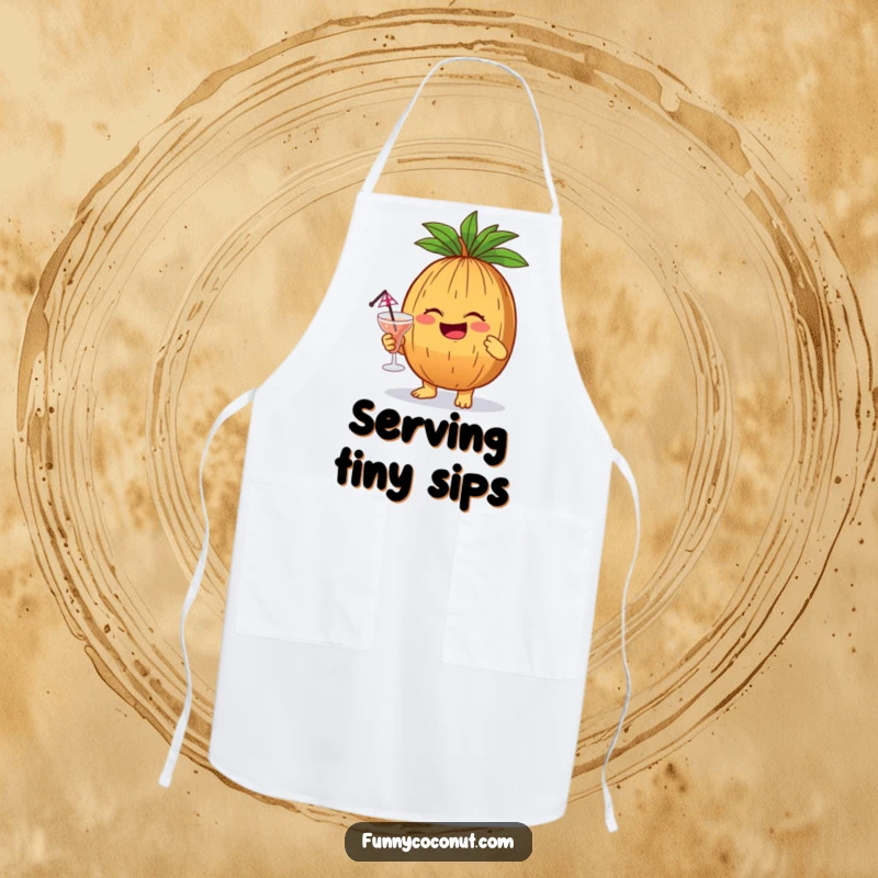 Funny giggling coconut holding a miniature cocktail with an umbrella, a humorous and practical kitchen apron.
