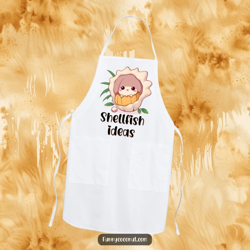 Funny apron depicting a curious coconut peeking from behind a large seashell, perfect for playful cooking adventures.