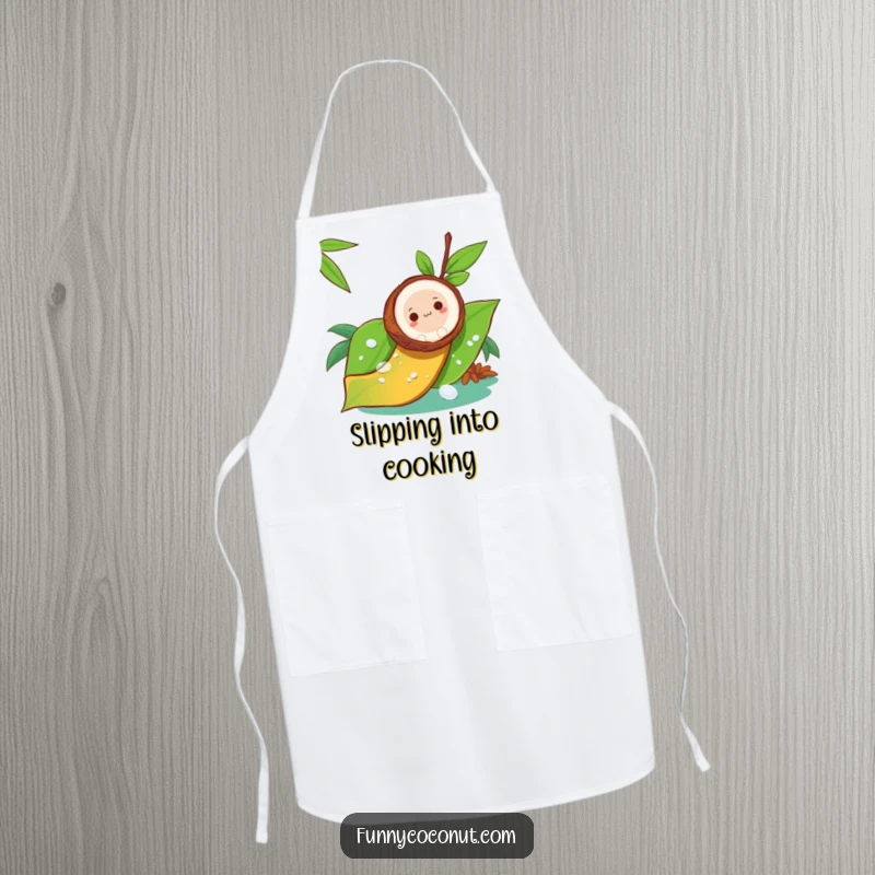 Funny apron featuring a coconut sliding down a dewy leaf like a slide, adding humor to kitchen tasks.