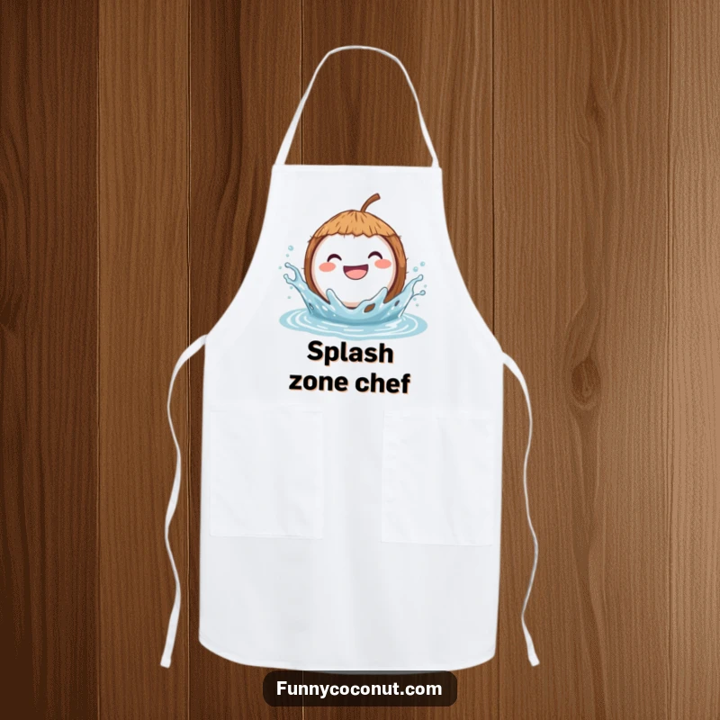 Funny apron depicting a grinning coconut joyfully splashing in water, adding a playful and humorous element to cooking.